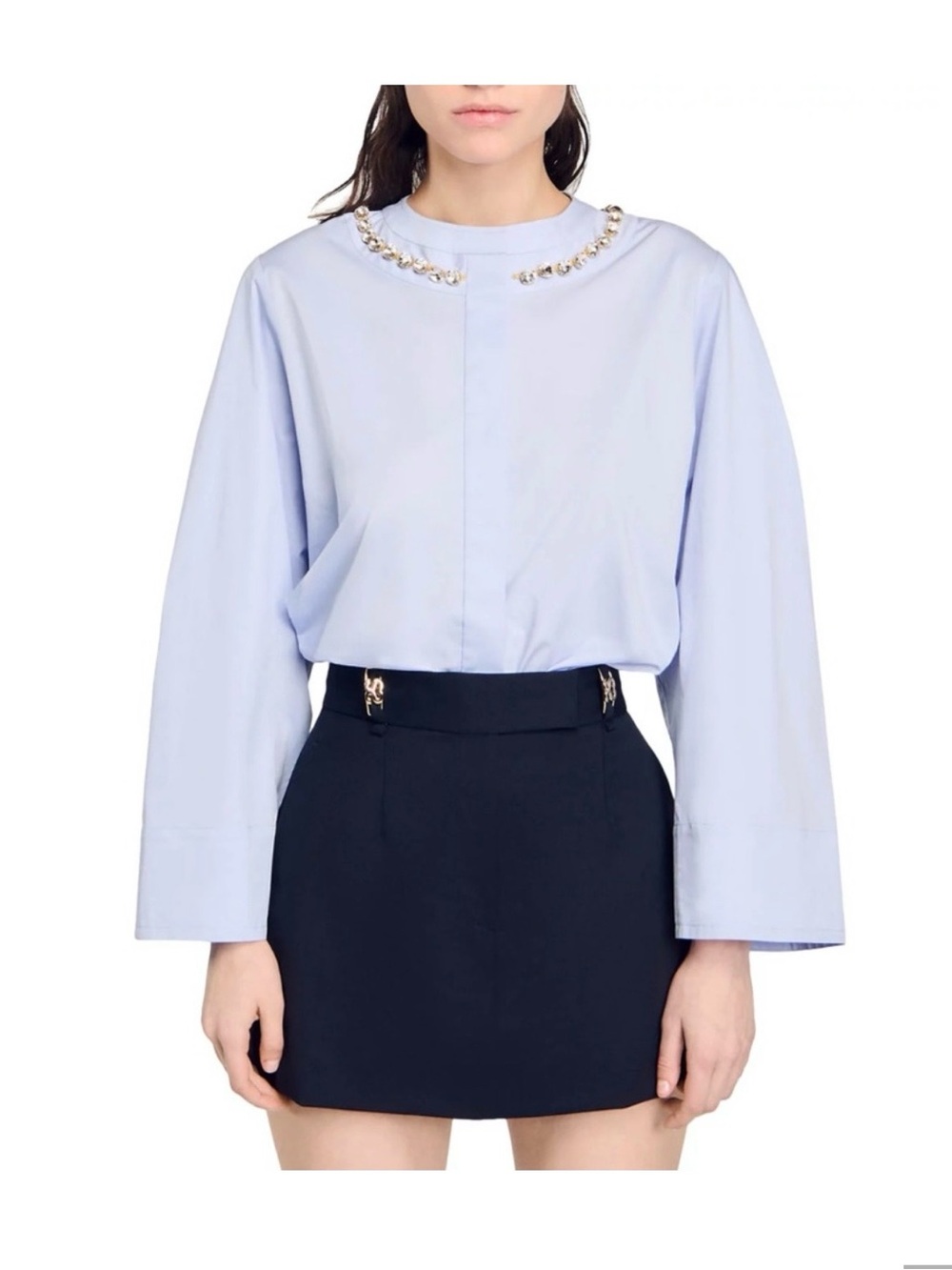 Sandro Pale Blue Jeweled Collar Shirt